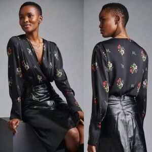Favorite Daughter Surplice Long Sleeve Satin Floral Bodysuit Black Multi XS